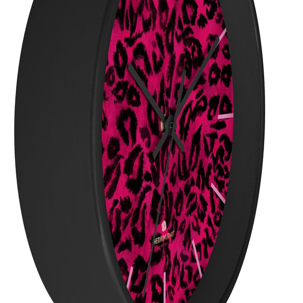 Hot Pink Leopard Animal Print Large Unique Wall Clocks For Vegan Lovers- Made in USA-Wall Clock-10 in-Black-Black-Heidi Kimura Art LLC