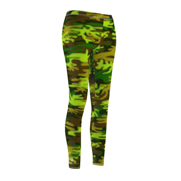 Green Camo Camouflage Army Print Women's Dressy Long Casual Leggings-Made in USA-Casual Leggings-Heidi Kimura Art LLC