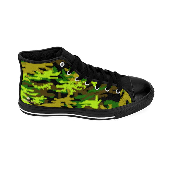 Black Green Men's Camo Sneakers, Camouflage Military Print Men's High-top Sneakers-Men's High Top Sneakers-Heidi Kimura Art LLC
