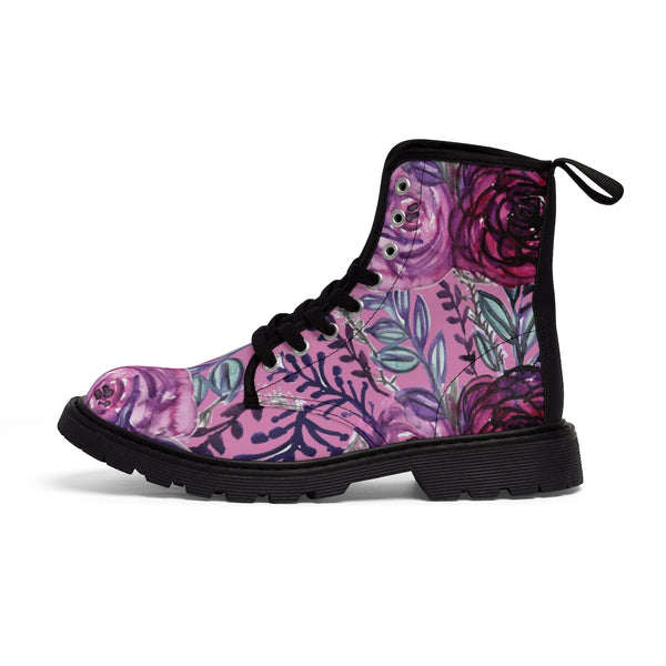 Pink Rose Floral Women's Boots, Purple Chic Flower Print Elegant Feminine Casual Fashion Gifts, Flower Rose Print Shoe, Combat Boots, Designer Women's Winter Lace-up Toe Cap Hiking Boots Shoes For Women (US Size 6.5-11)