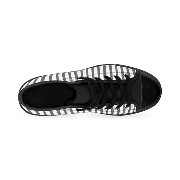 Grey Striped Men's High-top Sneakers, Grey White Modern Stripes Men's High Tops, High Top Striped Sneakers, Striped Casual Men's High Top For Sale, Fashionable Designer Men's Fashion High Top Sneakers, Tennis Running Shoes (US Size: 6-14)