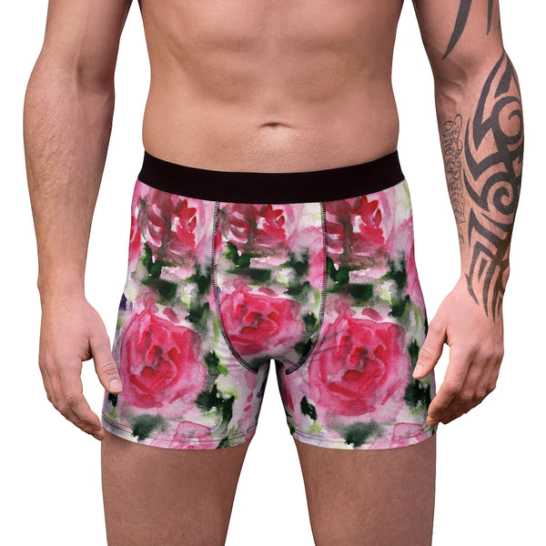 Pink Rose Men's Boxer Briefs, Best Premium Designer Flower Floral Print Designer Fashion Underwear For Sexy Gay Men, Men's Gay Fetish Party Erotic Boxer Briefs Elastic Underwear (US Size: XS-3XL)