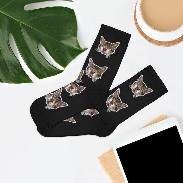 Black Cat Print Socks, Cute Calico Cat One-Size Knit Premium Unisex Socks- Made in USA-Socks-One size-Heidi Kimura Art LLC
