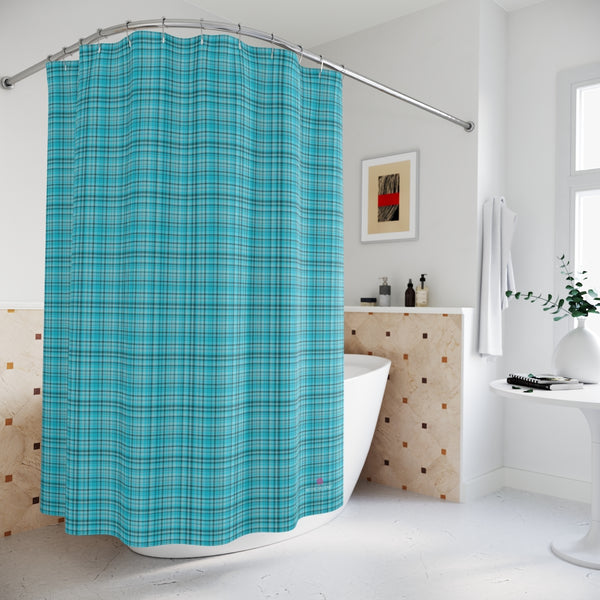 Blue Plaid Polyester Shower Curtain, Plaid Tartan Scottish Style Print Christmas Winter Holiday Festive 71" × 74" Modern Kids or Adults Colorful Best Premium Quality American Style One-Sided Luxury Durable Stylish Unique Interior Bathroom Shower Curtains - Printed in USA