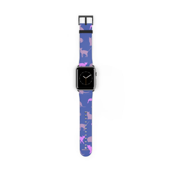 Purple Pink Cats Print 38mm/42mm Premium Watch Band For Apple Watch- Made in USA-Watch Band-42 mm-Black Matte-Heidi Kimura Art LLC