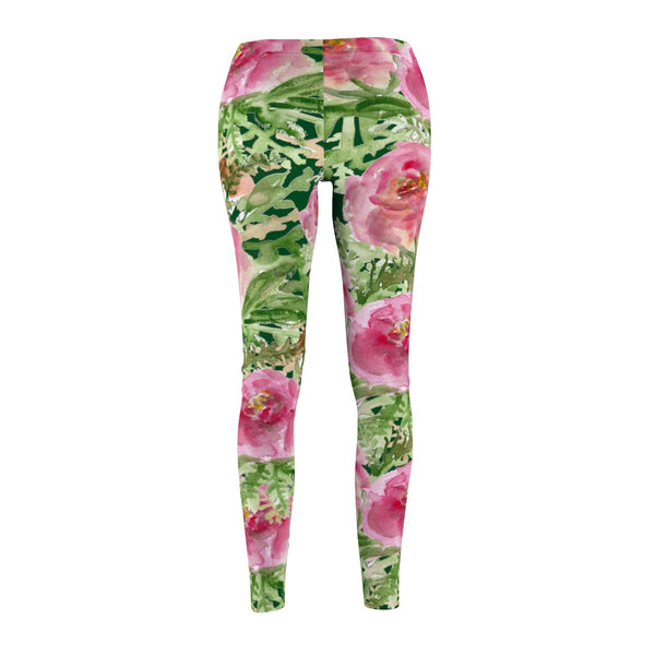 Dark Green Pink Rose Floral Print Women's Casual Leggings - Made in USA-Casual Leggings-Heidi Kimura Art LLC