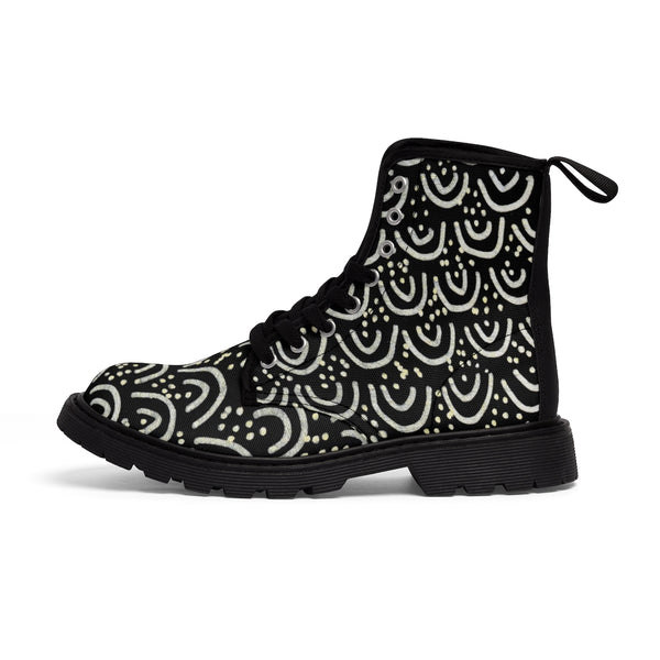 Black Mermaid Scale Print Anti Heat + Moisture Designer Men's Winter Boots Shoes-Men's Boots-Heidi Kimura Art LLC
