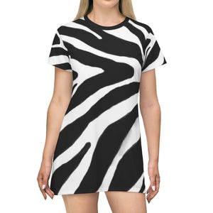 White Zebra Print T-Shirt Dress, White and Black Zebra Animal Print Designer Crew Neck Women's Long Tee T-shirt Fashion Dress-Made in USA (US Size: XS-2XL)