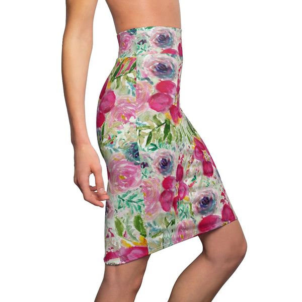 Pink Floral Women's Pencil Skirt, Mixed Rose Flowers Printed Best Print Mid Waist Girlie Premium Quality Designer Women's Pencil Skirt - Made in USA (US Size XS-2XL)