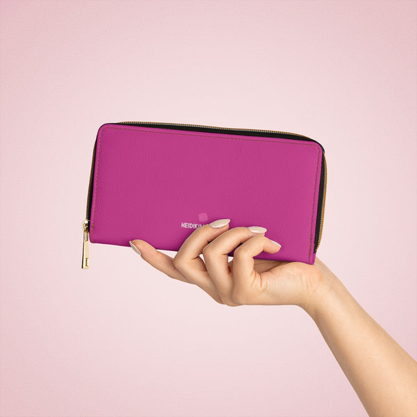 Pink Color Zipper Wallet, Solid Hot Pink Color Best 7.87" x 4.33" Luxury Cruelty-Free Faux Leather Women's Wallet & Purses Compact High Quality Nylon Zip & Metal Hardware, Luxury Long Wallet With Card Cardholders For Women