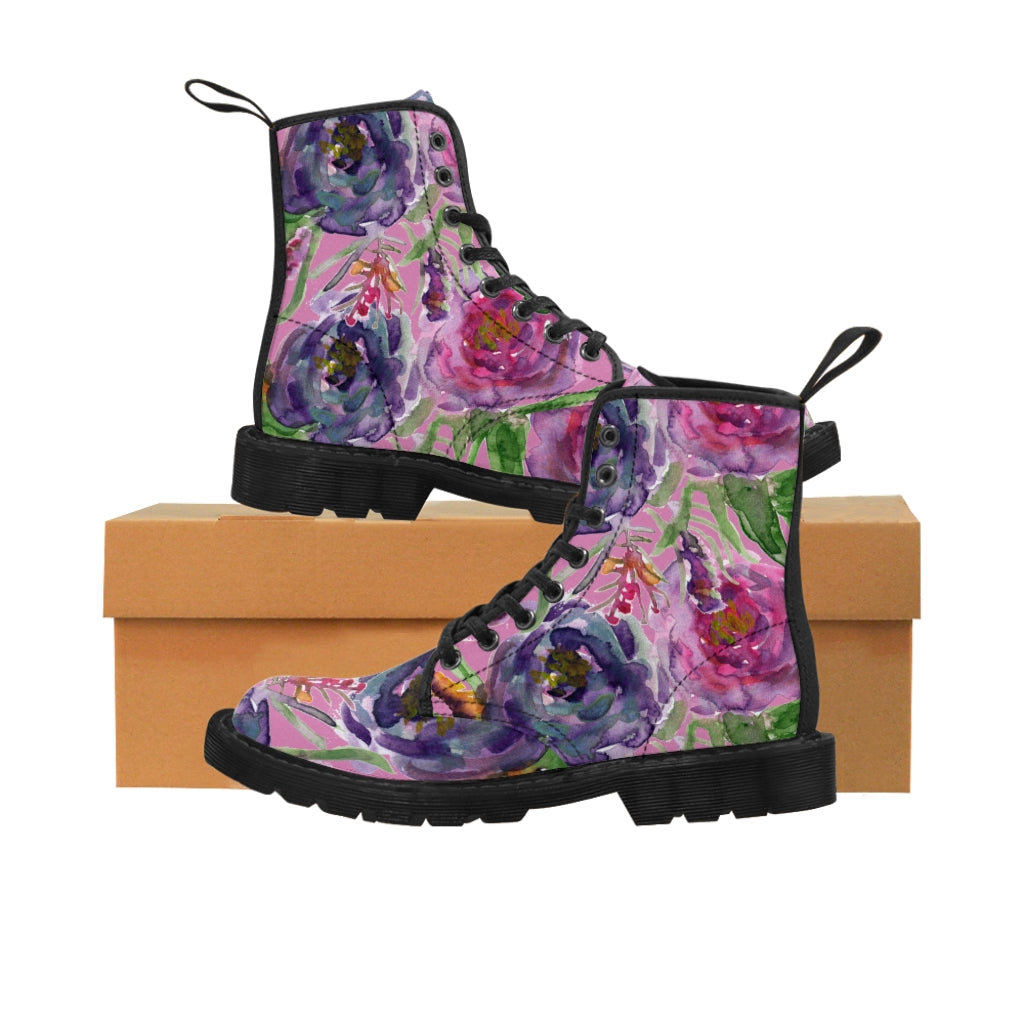 Best Pink Floral Women's Boots, Flower Rose Print Elegant Feminine Casual Fashion Gifts, Flower Rose Print Shoes For Rose Lovers, Combat Boots, Designer Women's Winter Lace-up Toe Cap Hiking Boots Shoes For Women (US Size 6.5-11)