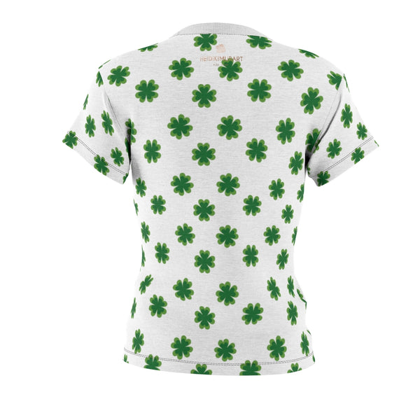 White Green Clover Print St. Patrick's Day Women's Short Sleeves Crewneck Tee- Made in USA-Women's T-Shirt-Heidi Kimura Art LLC