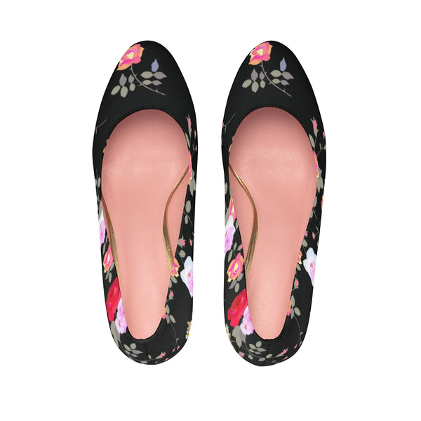 Black Floral Rose Heels, Flower Print Best Women's Platform Heels Stiletto Pumps Shoes-4 inch Heels-Heidi Kimura Art LLC