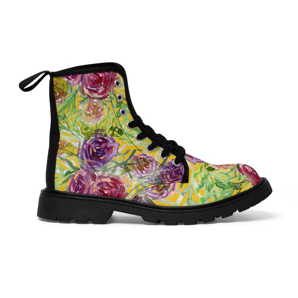 Yellow Rose Floral Women's Boots, Pink Purple Rose Best Cute Chic Best Flower Printed Elegant Feminine Casual Fashion Gifts, Flower Rose Print Shoe, Combat Boots, Designer Women's Winter Lace-up Toe Cap Hiking Boots Shoes For Women (US Size 6.5-11)