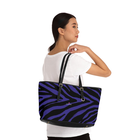 Purple Zebra Tote Bag, Zebra Striped Purple and Black Animal Print PU Leather Shoulder Large Spacious Durable Hand Work Bag 17"x11"/ 16"x10" With Gold-Color Zippers & Buckles & Mobile Phone Slots & Inner Pockets, All Day Large Tote Luxury Best Sleek and Sophisticated Cute Work Shoulder Bag For Women With Outside And Inner Zippers