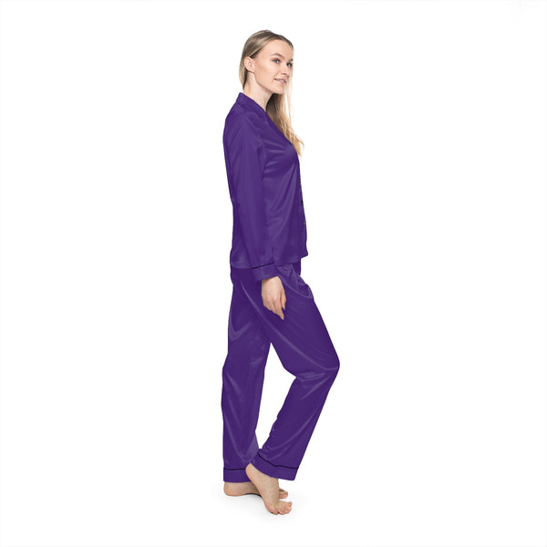 Dark Purple Women's Satin Pajamas, Luxury Premium Solid Color Loungewear For Women