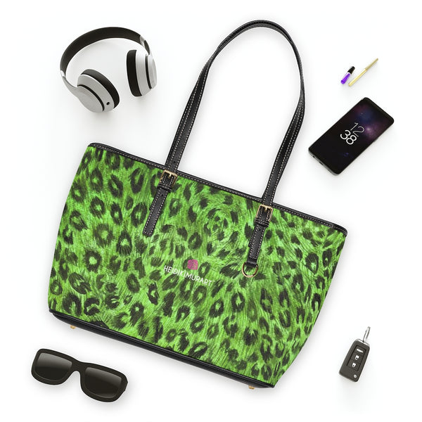 Green Leopard Print Tote Bag, Light Green Best Stylish Leopard Animal Printed PU Leather Shoulder Large Spacious Durable Hand Work Bag 17"x11"/ 16"x10" With Gold-Color Zippers & Buckles & Mobile Phone Slots & Inner Pockets, All Day Large Tote Luxury Best Sleek and Sophisticated Cute Work Shoulder Bag For Women With Outside And Inner Zippers