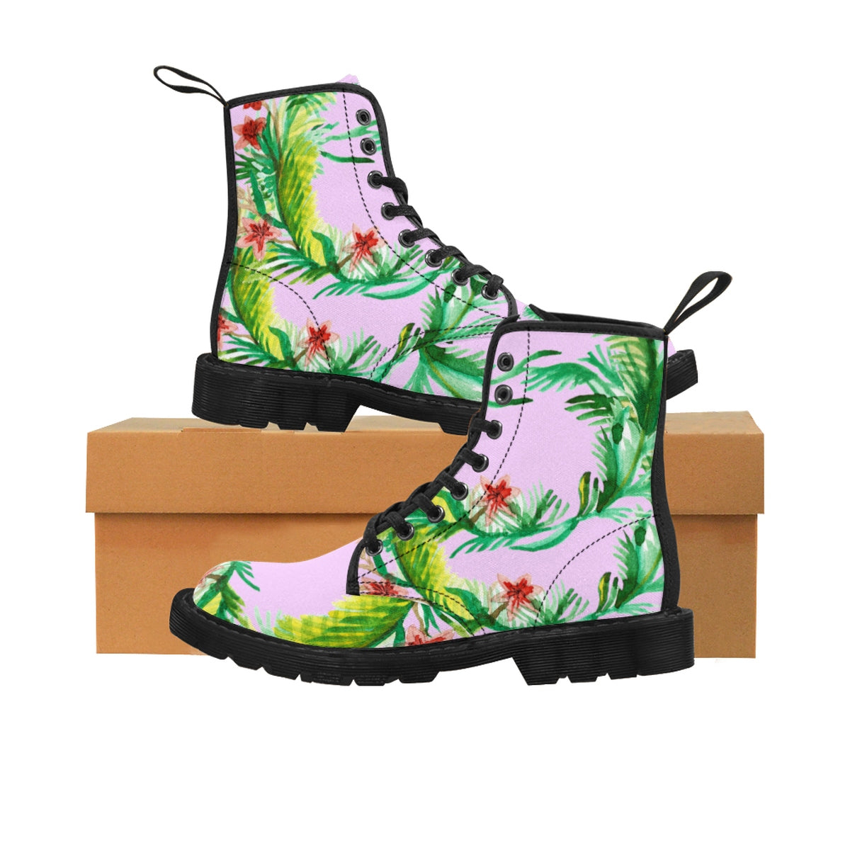 Designer Vintage-Style Light Pink Floral Print Women's Nylon Canvas Winter Boots-Women's Boots-Black-US 9-Heidi Kimura Art LLC Pink Floral Women's Boots, Designer Vintage-Style Light Pink Floral Print Women's Nylon Canvas Winter Boots (US Size: 6.5-11)