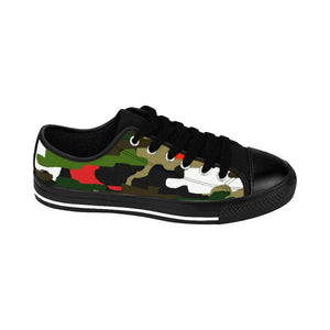 Green Camo Red Military Army Print Premium Men's Low Top Canvas Sneakers Shoes-Men's Low Top Sneakers-Black-US 9-Heidi Kimura Art LLC