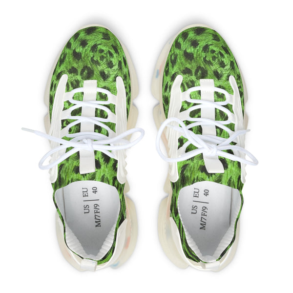 Women's Green Leopard Mesh Sneakers, Leopard Animal Print Mesh Sneakers
