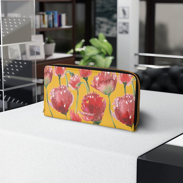 Yellow Red Tulips Zipper Wallet, Colorful Red Tulips Flower Print Best Long Compact Cruelty Free Faux Leather High Quality Cardholders Wallet For Women, One Size 7.9"x4.3"x.98"