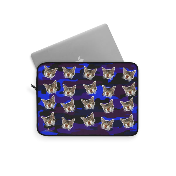 Purple Blue Camo Tiger Stripe Peanut Meow Cat Calico Print 12",13",15" Computer Laptop Sleeve- Made in USA-Laptop Sleeve-Heidi Kimura Art LLC