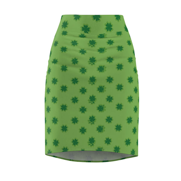 Light Green Irish Lucky Clover Leaf Print St. Patrick's Day Women's Pencil Skirt- Made in USA-Pencil Skirt-Heidi Kimura Art LLC