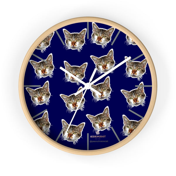 Blue Cat Print Wall Clock, Cute Calico Cat Large 10" Dia. Indoor Wall Clocks- Made in USA-Wall Clock-10 in-Wooden-White-Heidi Kimura Art LLC
