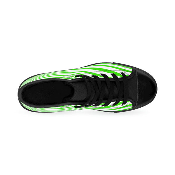 Green Striped Men's High-top Sneakers, Green White Modern Stripes Men's High Tops, High Top Striped Sneakers, Striped Casual Men's High Top For Sale, Fashionable Designer Men's Fashion High Top Sneakers, Tennis Running Shoes (US Size: 6-14)