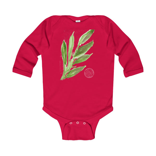 Green Leaves Infant Long Sleeve Bodysuit - Made in United Kingdom (UK Size: 6M-24M)-Kids clothes-Red-12M-Heidi Kimura Art LLC