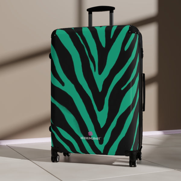 Green Black Zebra Print Suitcases, Animal Print Designer Suitcase Luggage (Small, Medium, Large) Unique Cute Spacious Versatile and Lightweight Carry-On or Checked In Suitcase, Best Personal Superior Designer Adult's Travel Bag Custom Luggage - Gift For Him or Her - Made in USA/ UK
