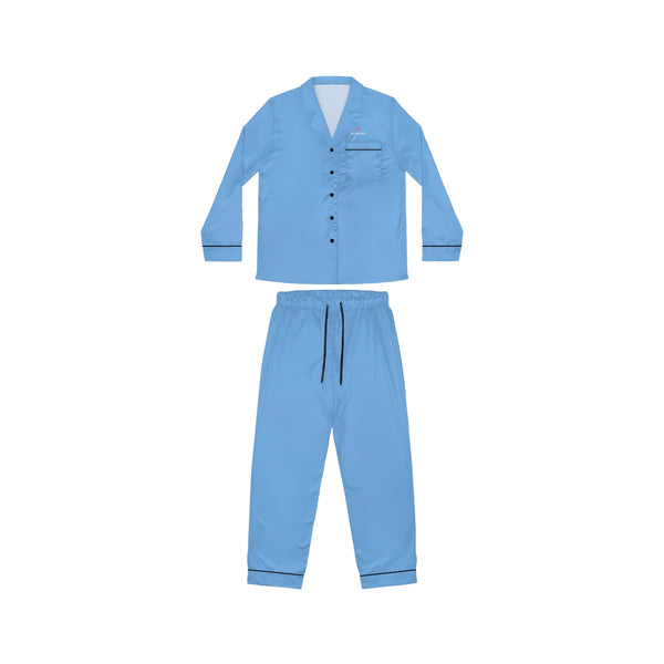 Baby Blue Women's Satin Pajamas, Luxury Premium Solid Color Loungewear For Women