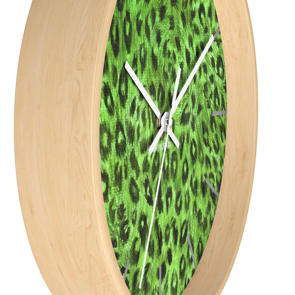 Green Leopard Print Wall Clock,  Numeric 10 inch Diameter Wall Clock, Large Round Wood Girl Children Bedroom Wall Clock