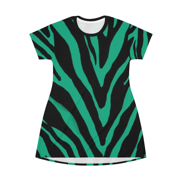 Green Blue Zebra T-Shirt Dress, Greenish Blue and Black Zebra Animal Print Designer Crew Neck Women's Long Tee T-shirt Fashion Dress-Made in USA (US Size: XS-2XL)
