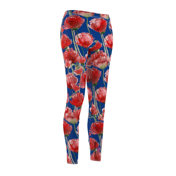 Blue Poppy Floral Casual Tights, Women's Floral Casual Leggings