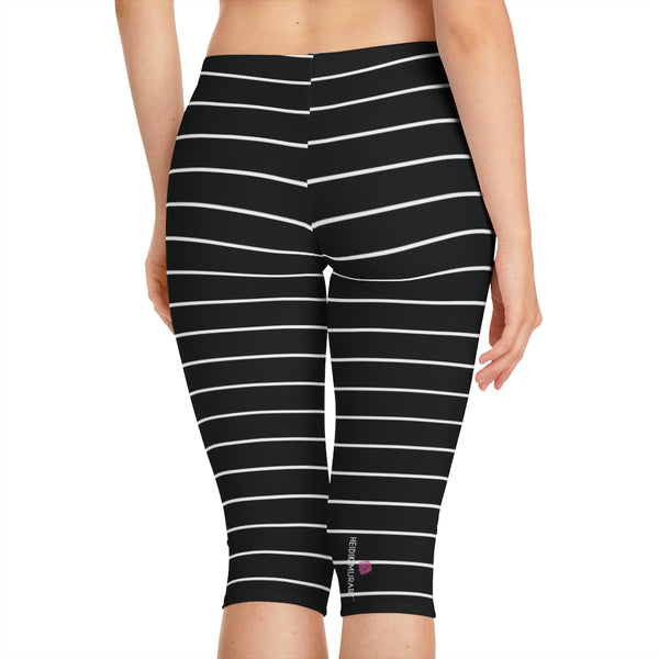 Black Striped Women's Capri Leggings, Knee-Length Polyester Capris Tights-Made in USA (US Size: XS-2XL)