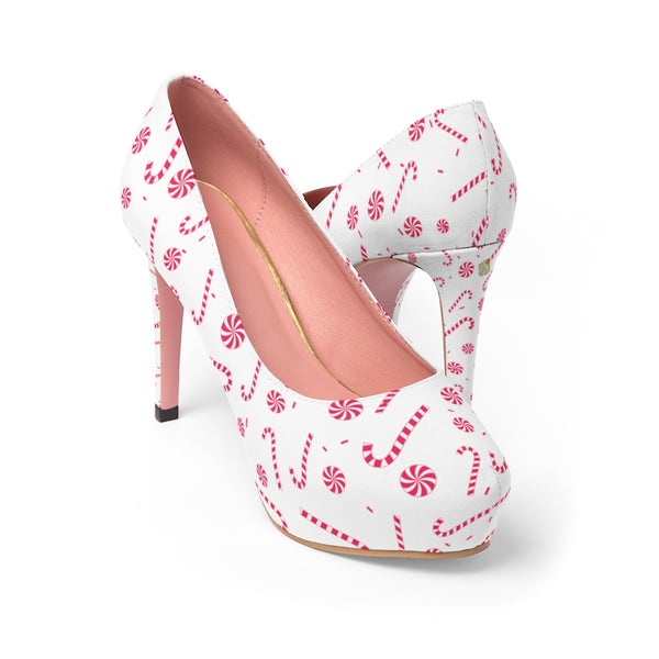 Red White Christmas Candy Cane Print Festive Women's 4 inch Platform Heels Shoes-4 inch Heels-US 7-Heidi Kimura Art LLC