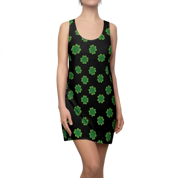 Black Green Clover Dress, Leaf Print St. Patty's Day Women's Racerback Dress-Made in USA-Women's Sleeveless Dress-2XL-Heidi Kimura Art LLC