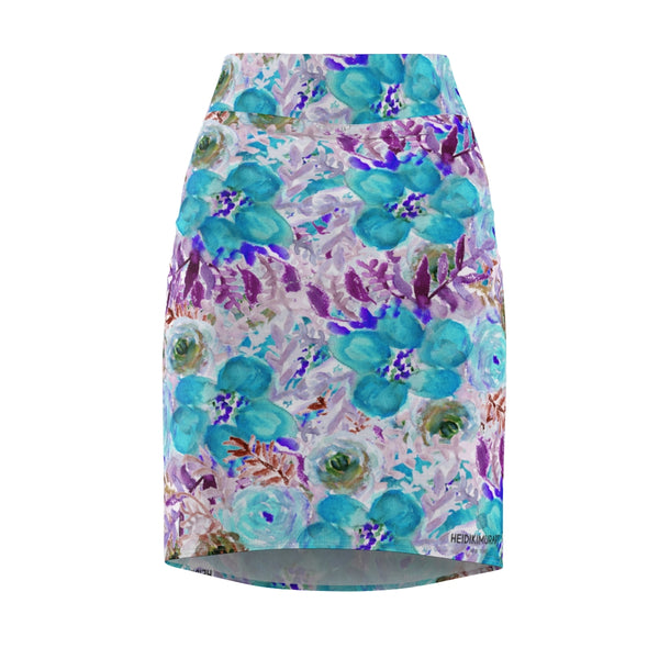 Blue Purple Floral Women's Skirt, Best Flower Print Girlie Premium Quality Designer Women's Pencil Skirt - Made in USA (US Size XS-2XL) Blue Purple Floral Women's Skirt, Best Flower Print Girlie Premium Quality Designer Women's Pencil Skirt - Made in USA (US Size XS-2XL)