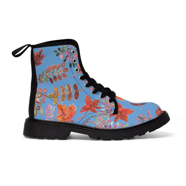 Blue Fall Leaves Women's Boots, Autumn Fall Leaves Print Women's Boots, Combat Boots, Designer Women's Winter Lace-up Toe Cap Hiking Boots Shoes For Women (US Size 6.5-11) Fall Leaves Fashion Canvas Shoes, Fall Leaves Print Winter Boots, Autumn Leaves Printed Boots For Ladies, Colorful Boots For Women
