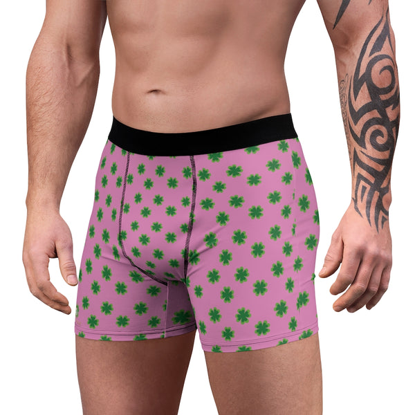 Pink St. Patty's Men's Underwear, Festive St. Patrick's Day Party Green Clover Print Designer Fashion Underwear For Sexy Gay Men, Men's Gay Fetish Party Erotic Boxer Briefs Elastic Underwear (US Size: XS-3XL)