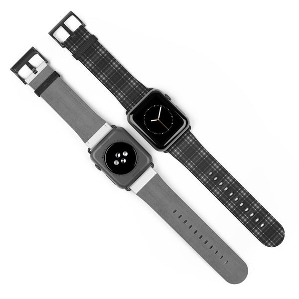 Black Gray Plaid Apple Watch Band, Tartan Print 38mm/42mm Watch Band - Made in USA-Watch Band-Heidi Kimura Art LLC