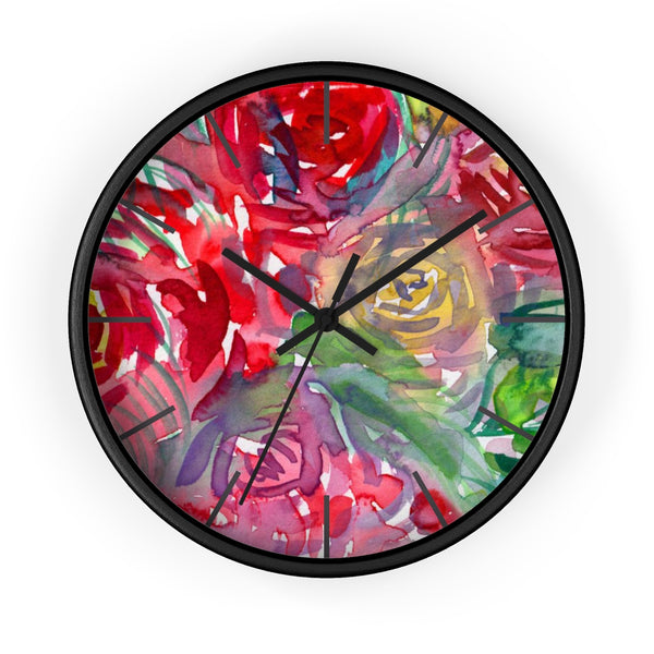 Red Floral Rose Flower Print Elegant 10 inch Diameter Wall Clock - Made in USA-Wall Clock-Black-Black-Heidi Kimura Art LLC