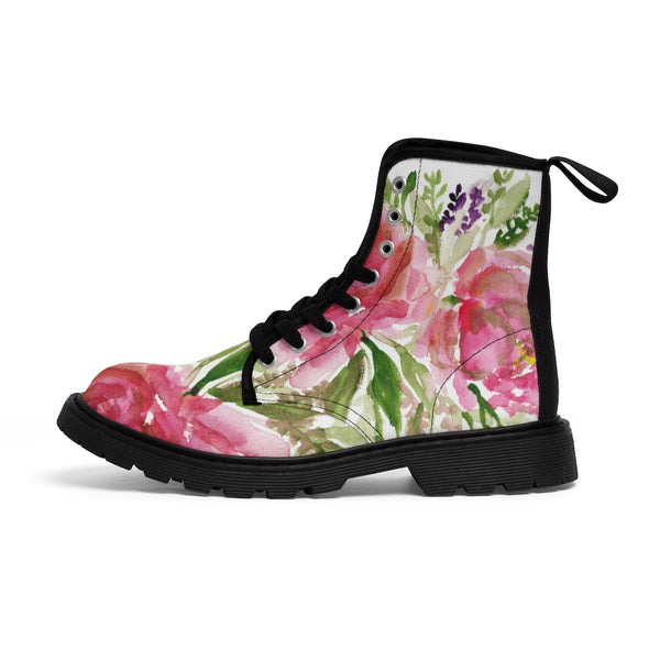 Rose Floral Print Women's Boots, Watercolor Rose Flower Printed Ladies' Combat Hiking Boots