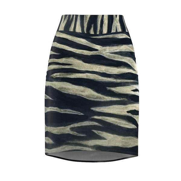 Tiger Striped Women's Pencil Skirt, Animal Print Black Best Luxury Mid-Waist Premium Quality Designer Women's Pencil Skirt - Made in USA (US Size XS-2XL)