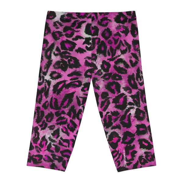 Pink Leopard Women's Capri Leggings, Pink Leopard Animal Print Knee-Length Polyester Capris Tights-Made in USA (US Size: XS-2XL)