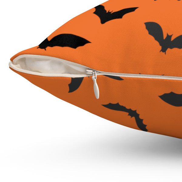 Orange Black Bats Print Halloween Pillow Spun Polyester Square Pillow- Made in USA-Pillow-Heidi Kimura Art LLC