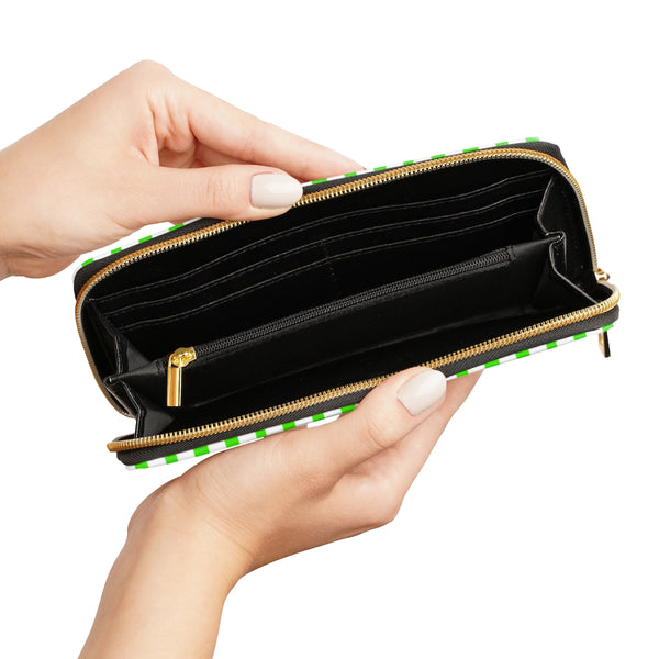 Green Striped Women's Zipper Wallet, Vertical Stripes Print Best 7.87" x 4.33" Luxury Cruelty-Free Faux Leather Women's Wallet & Purses Compact High Quality Nylon Zip & Metal Hardware, Luxury Long Wallet Card Cases For Women