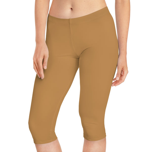 Beige Brown Women's Capri Leggings, Modern Essential Solid Color American-Made Best Designer Premium Quality Knee-Length Mid-Waist Fit Knee-Length Polyester Capris Tights-Made in USA (US Size: XS-3XL) Plus Size Available