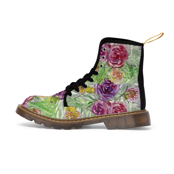 Grey Yellow Floral Women's Boots, Rose Flower Print Girlie Elegant Cute Hiking Combat Boots
